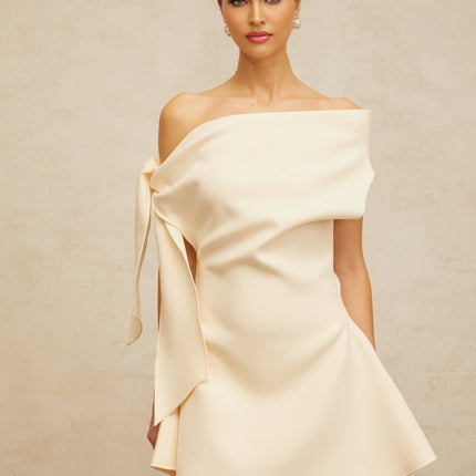 Giselle White Mini Dress Ribbon Flared Hem