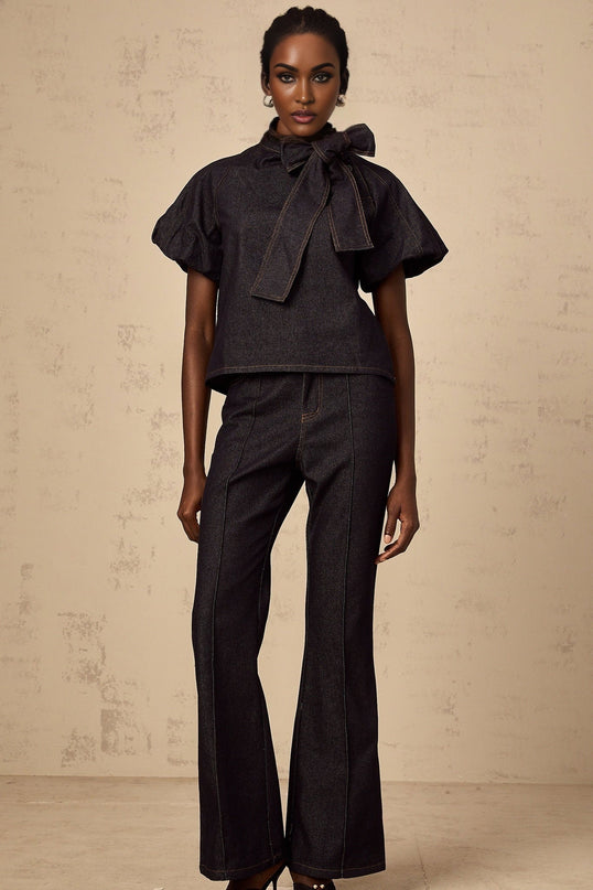 Giuditta Denim Blouse and Jeans Set in Indigo Blue with Ribbon tie-neck detailing, Short puff sleeves, Flared hem, and Contrast stitching