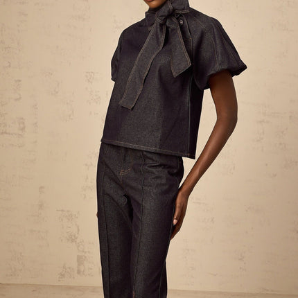 Giuditta Denim Blouse and Jeans Set in Indigo Blue with Ribbon tie-neck detailing and Flared hem
