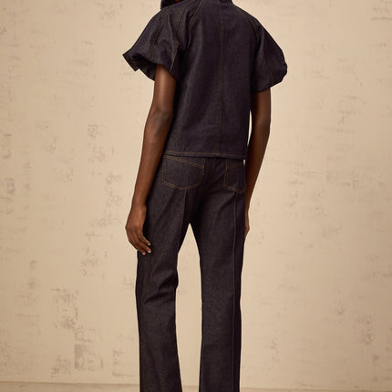 Giuditta Denim Blouse & Jeans Set in Indigo Blue with Ribbon tie-neck detailing and Flared hem
