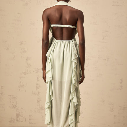 Giuditta Green Crystal Embellished Ruffle Halterneck Midi Dress