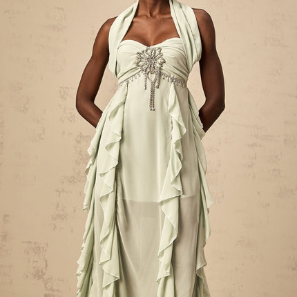 Giuditta Green Crystal Embellished Ruffle Midi Dress