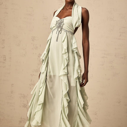 Giuditta Green Crystal Embellished Ruffle Midi Dress