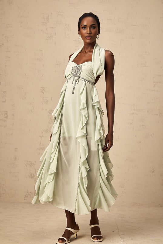 Giuditta Green Crystal Embellished Ruffle Midi Dress