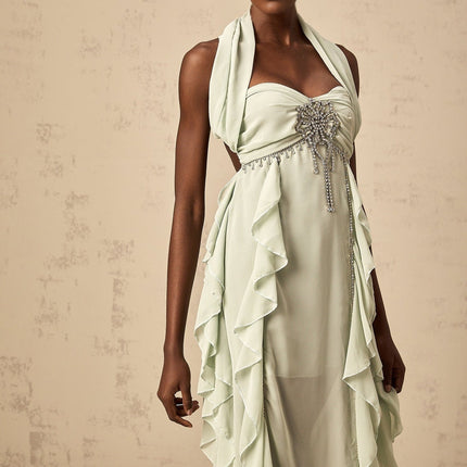 Giuditta Green Crystal Embellished Ruffle Midi Dress