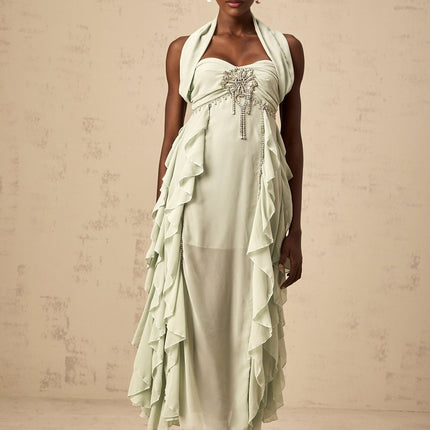 Giuditta Green Crystal Embellished Ruffle Midi Dress