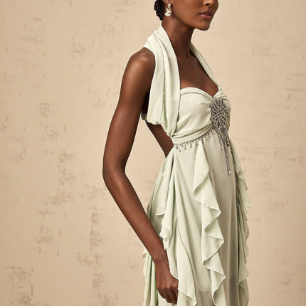 Giuditta Green Crystal Embellished Ruffle Midi Dress