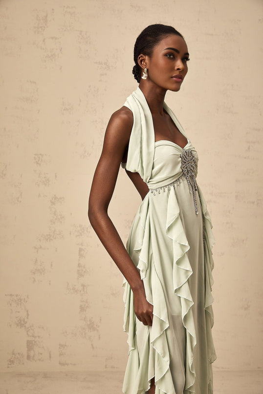 Giuditta Green Crystal Embellished Ruffle Midi Dress