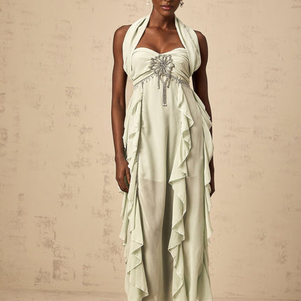 Giuditta Green Crystal Embellished Ruffle Midi Dress