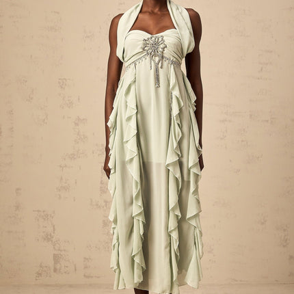 Giuditta Green Crystal Embellished Ruffle Midi Dress