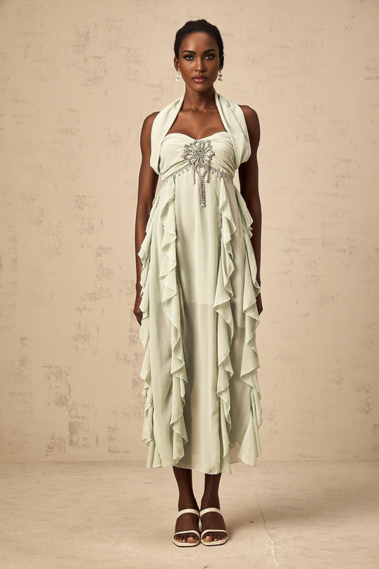Giuditta Green Crystal Embellished Ruffle Midi Dress