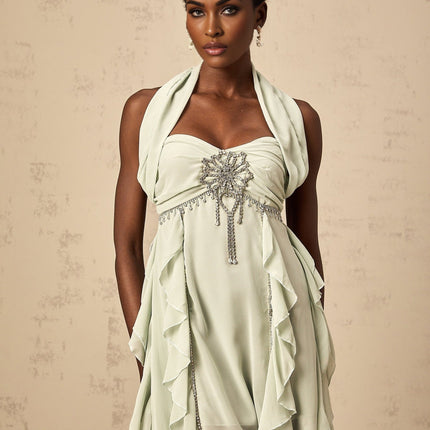 Giuditta Green Crystal Embellished Ruffle Midi Dress