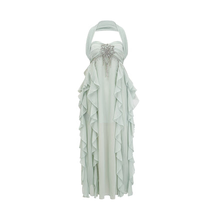 Giuditta Green Crystal Embellished Ruffle Midi Dress