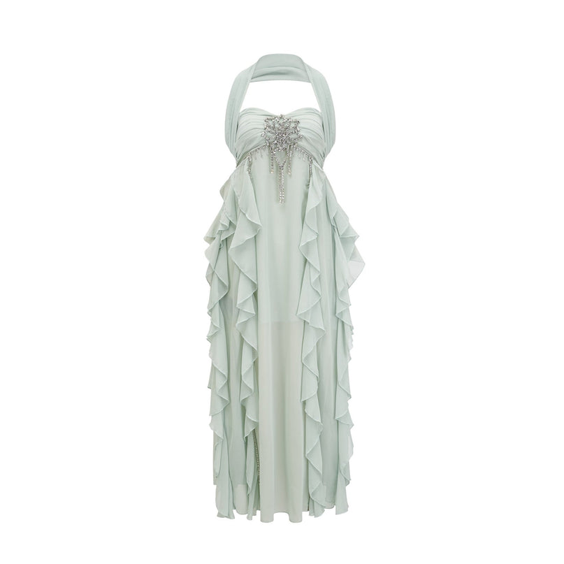 Giuditta Green Crystal Embellished Ruffle Midi Dress