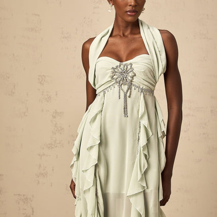 Giuditta Green Crystal Embellished Ruffle Midi Dress