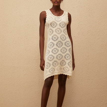 Giuditta Mini Dress in Cream White crochet knit crystal embellishments cut-out detailing fitted waistline scallop trim slip-on style special occasion modern femininity thigh-length luxurious timeless wardrobe lightweight Terylene fiber refined alluring
