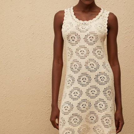 Giuditta Mini Dress Cream White Crochet Knit Crystal Embellishments Cut-out Detailing Fitted Waistline Scallop Trim Sleeveless Thigh-length Lightweight Terylene Fiber