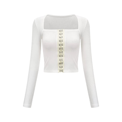 Giuditta White Buckle Detail Long Sleeve Top 90% Cotton 10% Spandex Scoop Neck Fitted Silhouette Itsy Asian-Pop-Culture Fashion Luxury