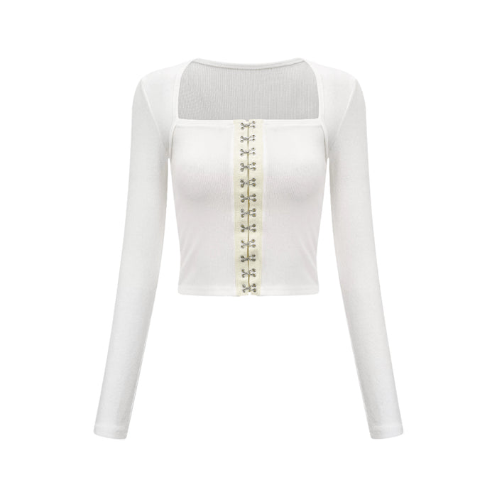 Giuditta White Buckle Detail Long Sleeve Top 90% Cotton 10% Spandex Scoop Neck Fitted Silhouette Itsy Asian-Pop-Culture Fashion Luxury