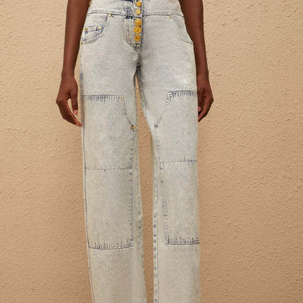 Giulia Light Blue Patchwork Cargo Jeans 100% Cotton Embossed Gold-Tone Buttons Five Pockets Straight Hem Side Zip Front Button Fastening Long-Length Jeans
