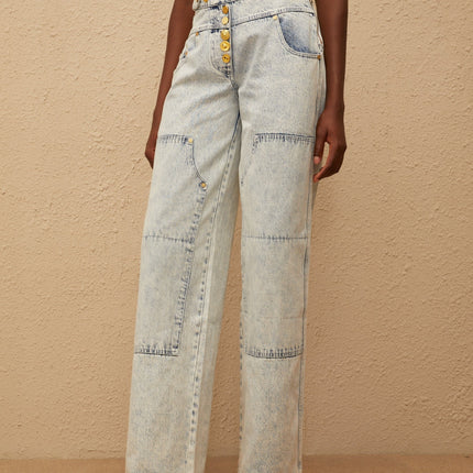 Giulia Light Blue Patchwork Cargo Jeans 100% Cotton Wide Leg Embossed Gold-Tone Buttons Five Pockets Straight Hem Side Zip Front Button Fastening Long-Length Statement-Making Classic Craftsmanship Contemporary Design