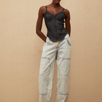 Giulia Light Blue Patchwork Cargo Jeans 100% Cotton wide-leg jeans with embossed gold-tone buttons