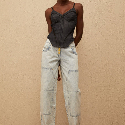 Giulia Light Blue Patchwork Cargo Jeans in 100% Cotton with Gold-Tone Buttons and Side Zip