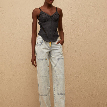 Giulia Light Blue Patchwork Cargo Jeans in 100% Cotton with Embossed Gold-Tone Buttons