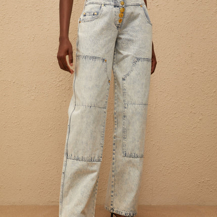 Giulia Light Blue Patchwork Cargo Jeans 100% Cotton wide-leg jeans with embossed gold-tone buttons and side zip and front button fastening