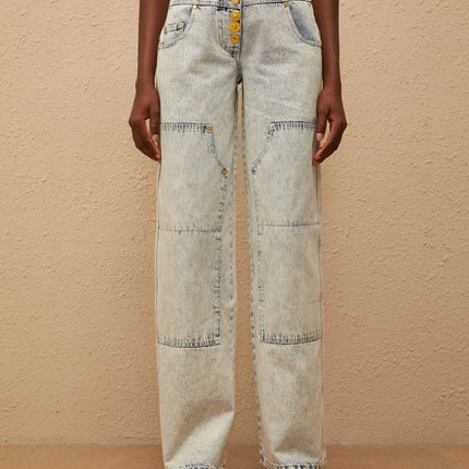 Giulia Light Blue Patchwork Cargo Jeans 100 Cotton Wide Leg Embossed Gold Tone Buttons Five Pockets Straight Hem Side Zip Front Button Fastening Long Length Statement Making Classic Craftsmanship Contemporary Design