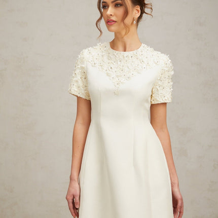 Giulia Neutrals Floral Appliqué Crystal Embellished Mini Dress A-line Silhouette Short Sleeves Round Neck Waist Cinched Rear Zip Fastening Thigh Length Terylene Luxury Style