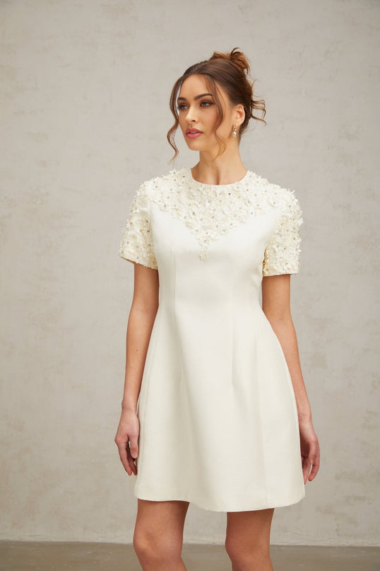 Giulia Neutrals Floral Appliqué Crystal Embellished Mini Dress A-line Silhouette Short Sleeves Round Neck Waist Cinched Rear Zip Fastening Thigh Length Terylene Luxury Style