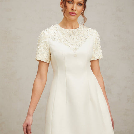 Giulia Neutrals Floral Appliqué Crystal Embellished Mini Dress A-line Short Sleeve Round Neck Waist Cinched Thigh Length Rear Zip Fastening Terylene Luxury Style