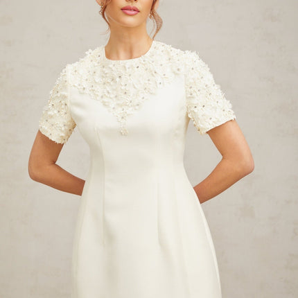 Giulia Neutrals Floral Appliqué Crystal Embellished Mini Dress A-Line Silhouette Short Sleeves Round Neck Waist Cinched Rear Zip Fastening Thigh Length 100% Terylene Luxury Style