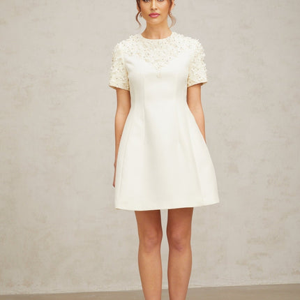 Giulia Neutrals Floral Appliqué Crystal Embellished Mini Dress A-Line Silhouette Short Sleeves Round Neck Waist Cinched Rear Zip Fastening Thigh Length 100% Terylene Luxury Style