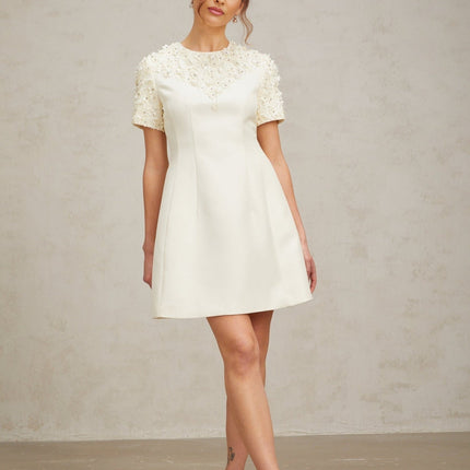 Giulia Neutrals Floral Appliqué Crystal Embellished A-Line Mini Dress