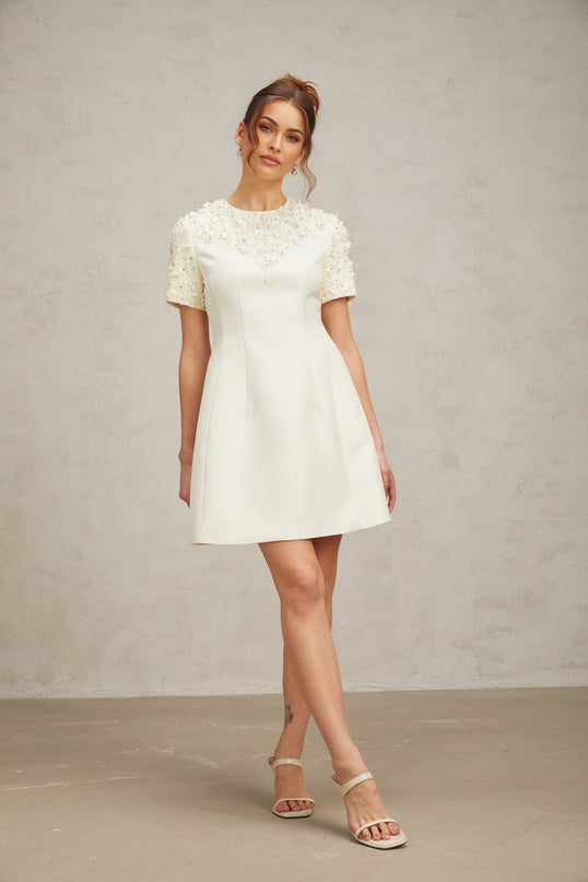 Giulia Neutrals Floral Appliqué Crystal Embellished A-Line Mini Dress