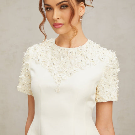 Giulia Neutrals Floral Appliqué Crystal Embellished Mini Dress A-Line Short Sleeve Round Neck Waist Cinched Rear Zip Fastening Thigh Length 100% Terylene Luxury Style