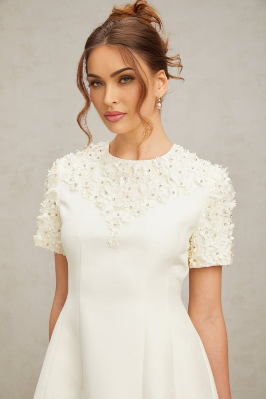 Giulia Neutrals Floral Appliqué Crystal Embellished Mini Dress A-Line Short Sleeve Round Neck Waist Cinched Rear Zip Fastening Thigh Length 100% Terylene Luxury Style