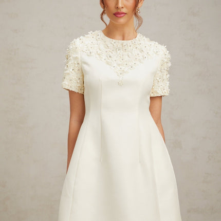 Giulia Neutrals Floral Appliqué Crystal Embellished Mini Dress A-Line Short Sleeve Round Neck Waist Cinched Rear Zip Fastening Thigh Length Terylene Luxury Style