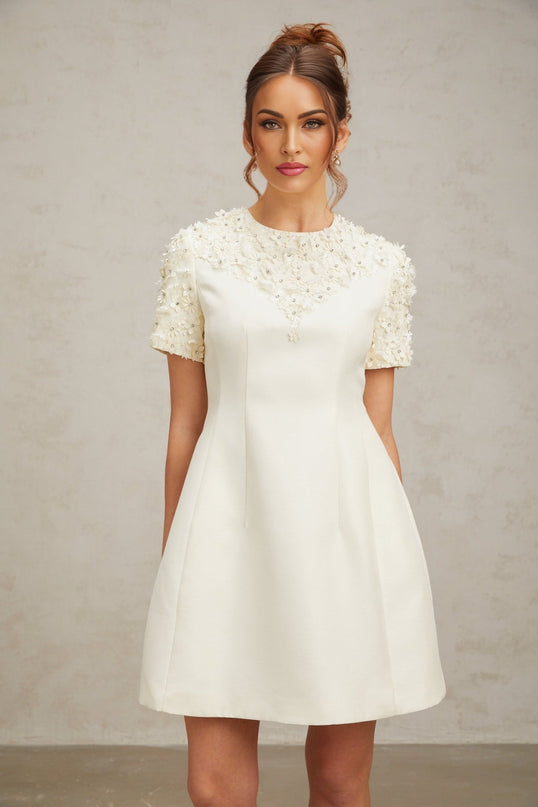 Giulia Neutrals Floral Appliqué Crystal Embellished Mini Dress A-Line Short Sleeve Round Neck Waist Cinched Rear Zip Fastening Thigh Length Terylene Luxury Style