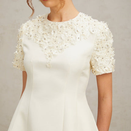Giulia Neutrals Floral Appliqué Crystal Embellished Mini Dress A-Line Silhouette Short Sleeves Round Neck Waist Cinched Rear Zip Fastening Thigh Length 100% Terylene Luxury Style