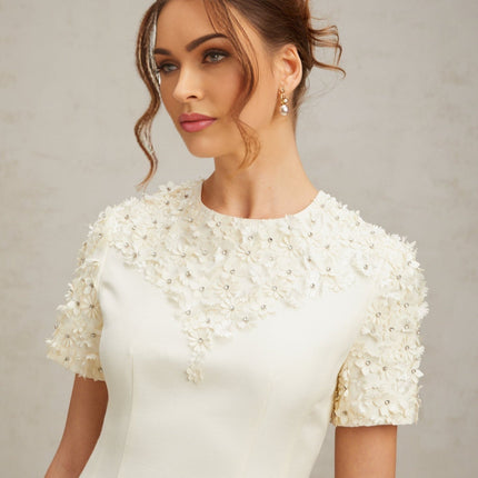 Giulia Neutrals Floral Appliqué Crystal Embellished Mini Dress A-line Silhouette Short Sleeves Round Neck Waist Cinched Rear Zip Fastening Thigh Length Terylene Luxury Style
