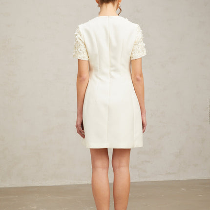 Giulia Neutrals Floral Appliqué Crystal Embellished Mini Dress A-Line Silhouette Short Sleeves Round Neck Waist Cinched Rear Zip Fastening Thigh Length Terylene Luxury Style