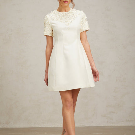 Giulia Neutrals Floral Appliqué Crystal Embellished Mini Dress A-line Silhouette Short Sleeves Round Neck Terylene Thigh Length