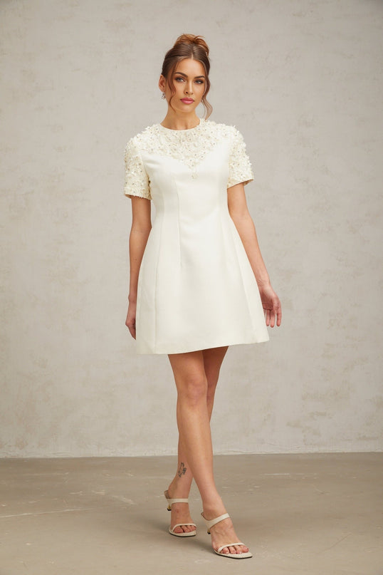 Giulia Neutrals Floral Appliqué Crystal Embellished Mini Dress A-line Silhouette Short Sleeves Round Neck Terylene Thigh Length