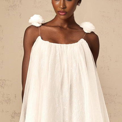 Giulia White Mesh Flower Applique Sequin Lace Layered A-line Top 100% Terylene Fiber
