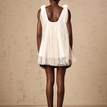 Giulia White Mesh Flower Sequin Lace Layered A-line Top