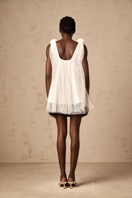 Giulia White Mesh Flower Sequin Lace Layered A-line Top