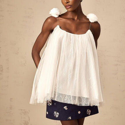 Giulia White Mesh Flower Sequin Lace Layered A-line Top